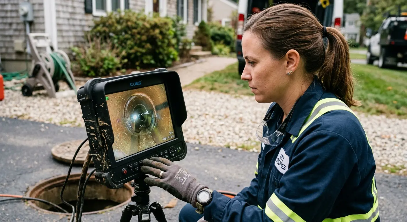 Technician reviewing sewer camera inspection footage in Irmo