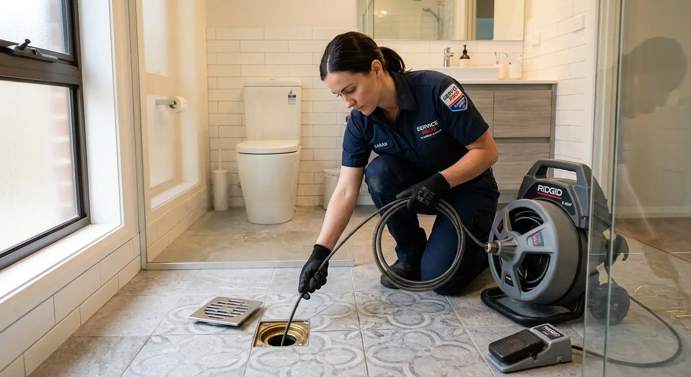 Technician clearing a bathroom floor drain for Sewer Line Replacement in Irmo